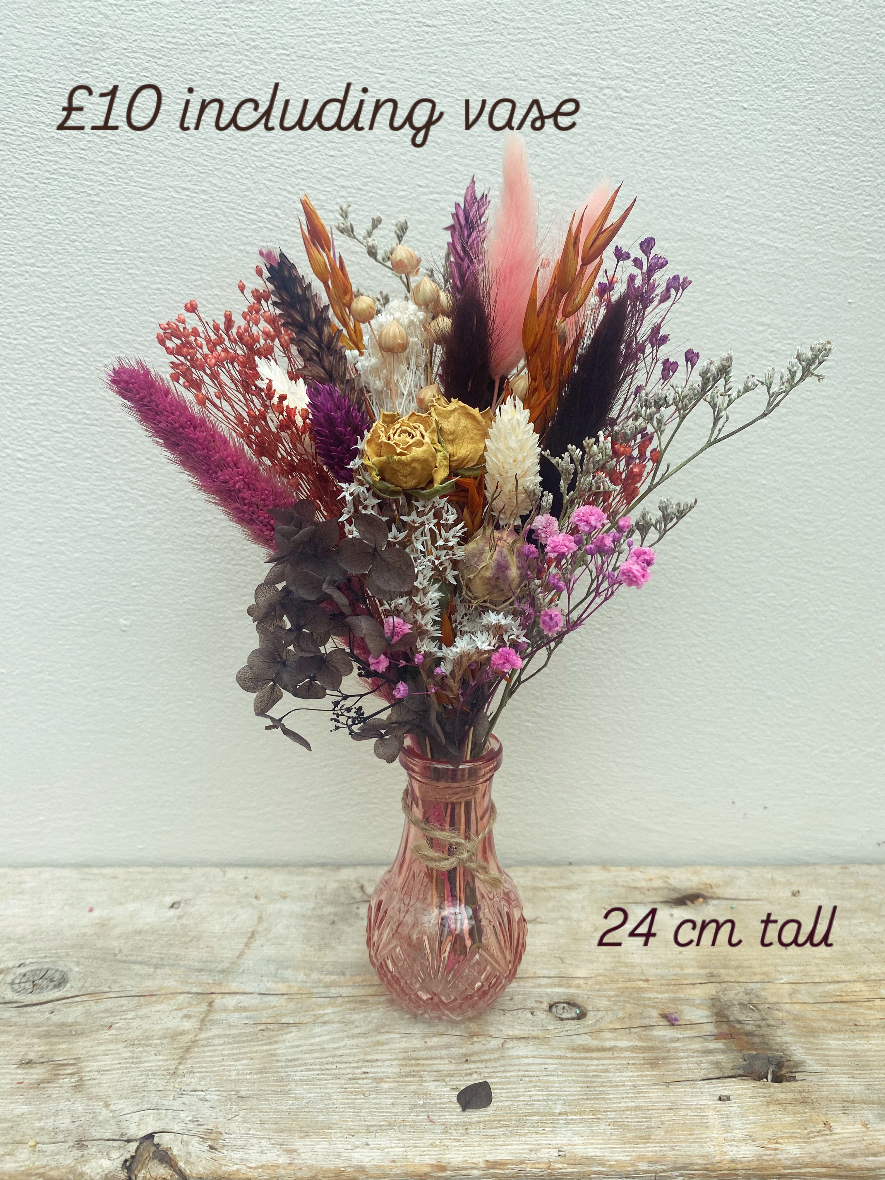 Mini pink vase with pinks, oranges etc