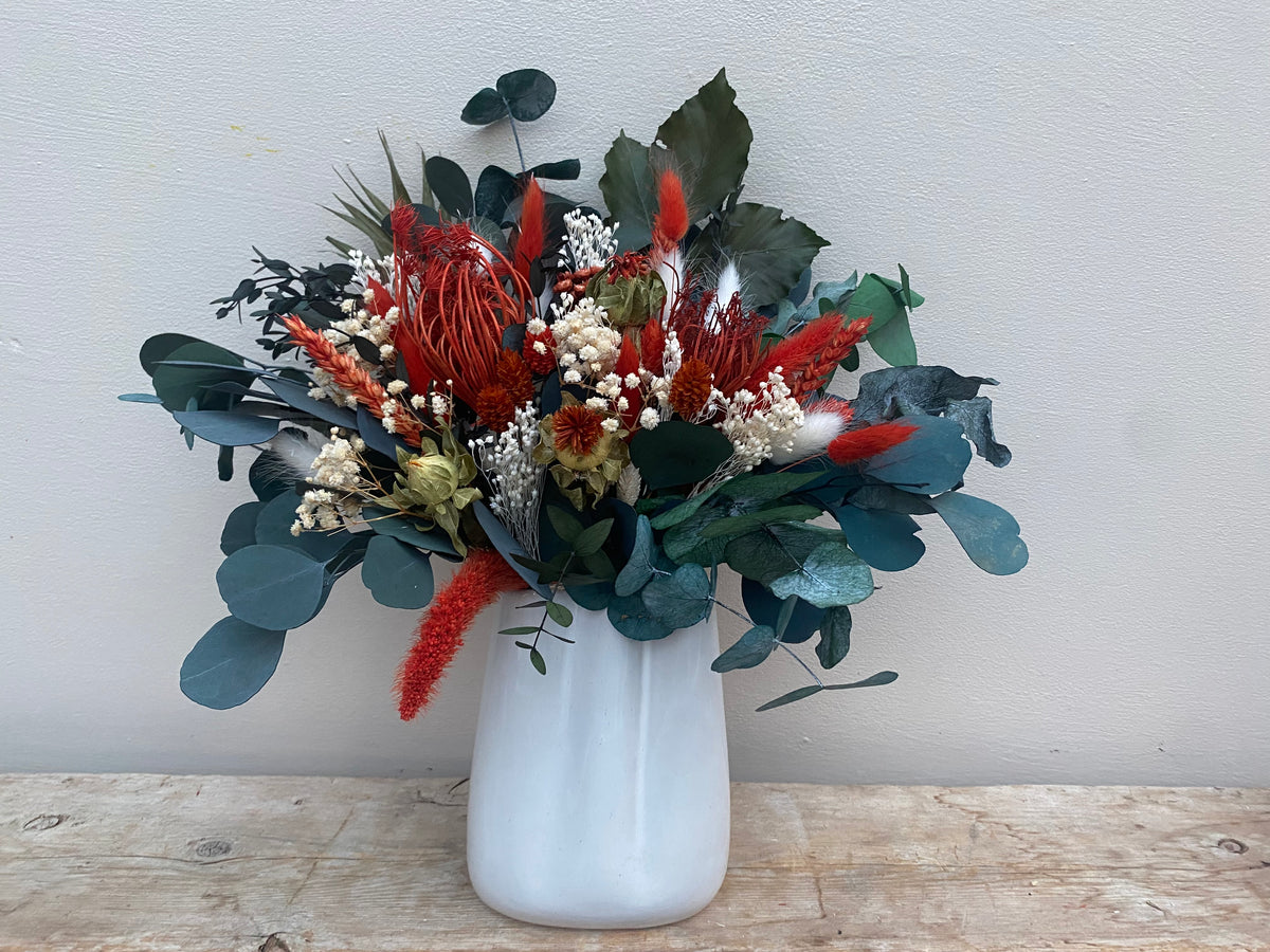 Eucalyptus with burnt orange and whites