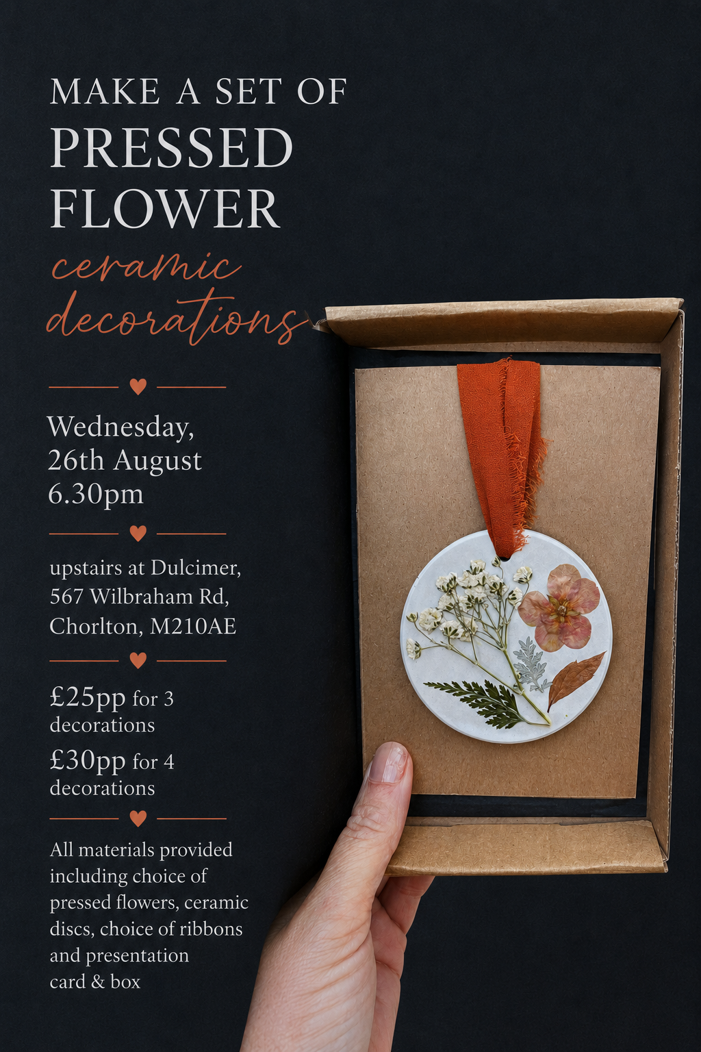 Workshop to make 4 Ceramic ornaments with pressed flowers